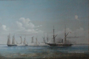 Orlogsskibet Hekla et kamp med tyske kanonbade 16 août 1850 Batailles navale Peinture à l'huile